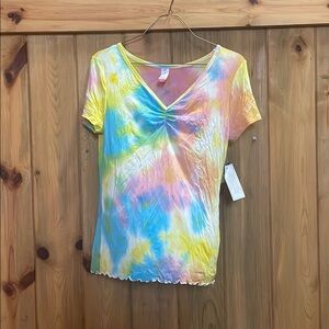 No Boundaries Yellow and Blue Ruched Fitted Short Sleeve T-Shirt